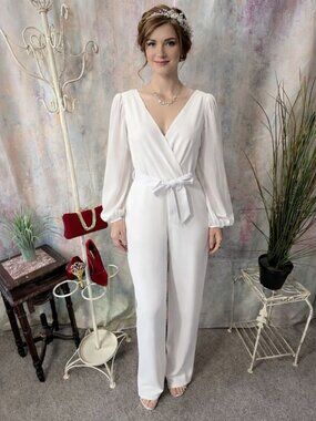 📌Windsor Bridal -White Night - Wrap-Style Bodice Jumpsuit Long Chiffon Sleeves